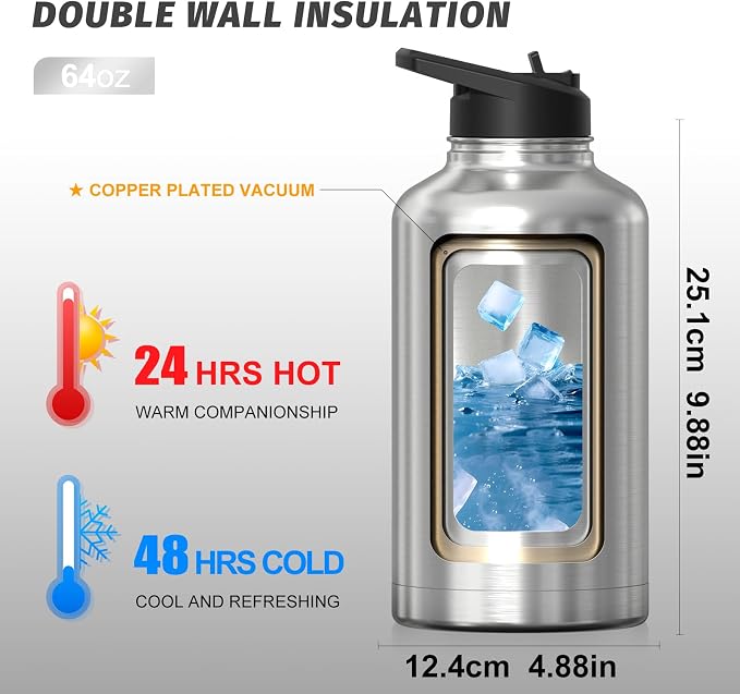 64oz Insulated Water Bottle (Cold for 48 Hrs),BPA Free&Leak Proof,Half Gallon Stainless Steel Water Flask,Water Jug with Straw Spout Lids for Gym,Hiking,Camping,Stainless