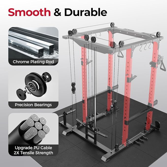 SPORTSROYALS Power Rack, Multi-Functional Power Cage, Squat Rack with Pulley System & LAT Pull Down, Workout Cage with J Hooks for Home Gym