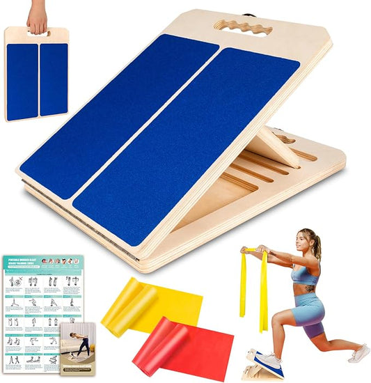 Wooden Slant Board for Calf Stretching, Portable Adjustable Calf Stretch Board with Training Poster & Resistance Bands, 300lb Weight Capacity Calf Ankle Achilles Physical Therapy Leg Exercisers