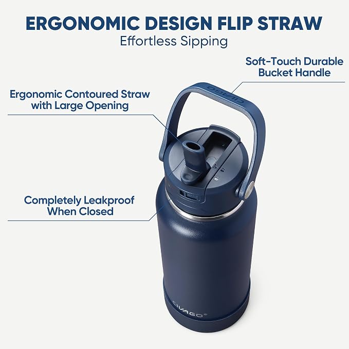 CIVAGO Gallon Insulated Stainless Steel Water Bottle with Removable Straw | 128 oz Large Leakproof Water Jug, Big Metal Sports Flask Cup with Bucket Handle, Silicone Boot, Strap, Dishwasher Safe, Black