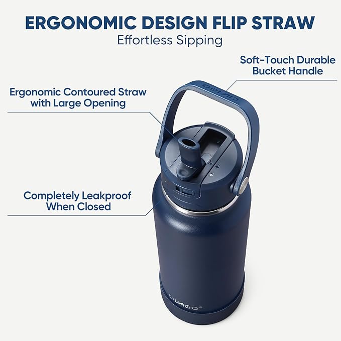 CIVAGO 32 oz Insulated Stainless Steel Water Bottle with Removable Straw | Large Leakproof Metal Water Jug, Sports Thermal Flask Cup with Bucket Handle, Silicone Boot, Dishwasher Safe, BPA-Free, Red
