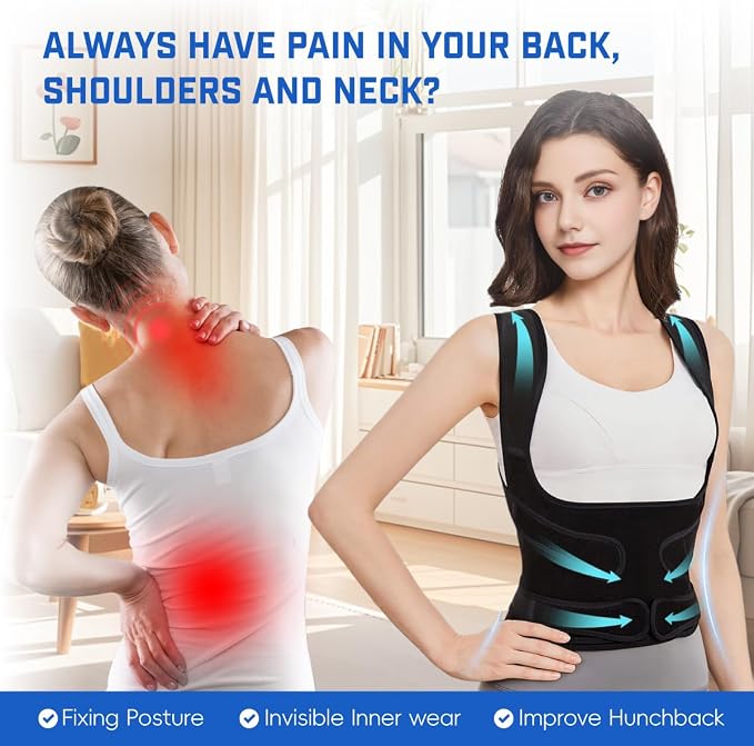 Back Brace Posture Corrector for Women & Men, Adjustable Shoulder Straightener with Full Back Support, Relief for Lower & Upper Back Pain, Hunchback & Scoliosis (Black, Medium)