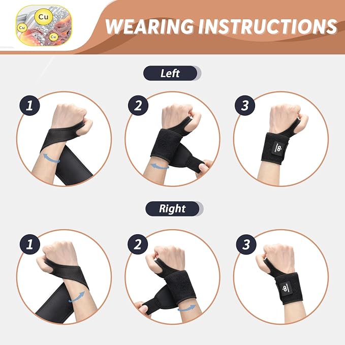 Copper Carpal Tunnel Wrist Brace, 2 Pack Wrist Support Wraps for Men Women, Adjustable Compression Wrist Brace for Tendonitis, Pain Relief, Arthritis, Sports, Work, Sleeping, Both Hands,black