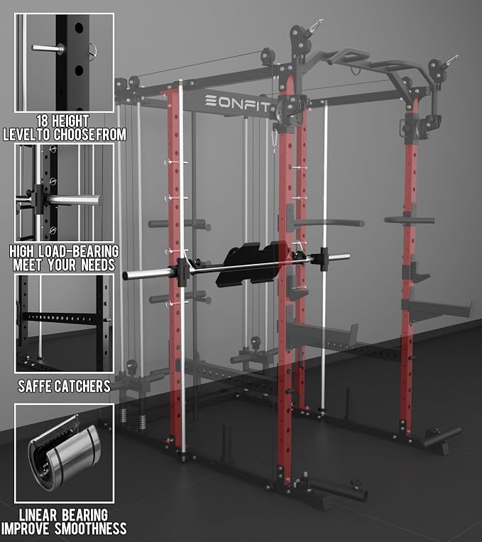 Eonfit E5 Smith Machine with Leg Press for Home Gym | Functional Trainer Power Rack Power Cage With Pivot Arms Lat Cable Crossover Pulley System All In One For Garage Apartment