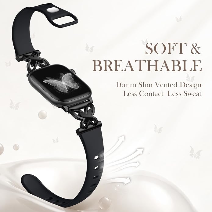 Lerobo Slim Silicone Band Compatible with Apple Watch Bands for Women | Dressy Metal Butterfly 16mm Thin Strap for iWatch Series 11 10 9 8 7 6 5 4 SE Ultra 38mm 40mm 41mm 42mm 44mm 45mm 46mm 49mm