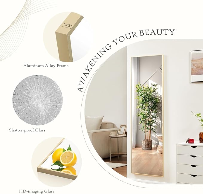 NEWBULIG 64"x21" Full Length Mirror, Full Body Standing Mirror, Gold | Leaning or Standing, Tempered Glass, Aluminum Alloy Thin Frame Floor Stand for Bedroom, Cloakroom