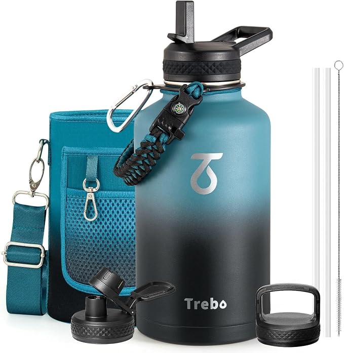 Trebo 64 oz Water Bottle Stainless Steel with 3 Lids, Paracord Handle & Bag | Half Gallon Large Insulated Jug, Triple Wall Vacuum Copper Plated, Dishwasher Safe, Cold 48Hrs for Outdoor, Hiking, Gym