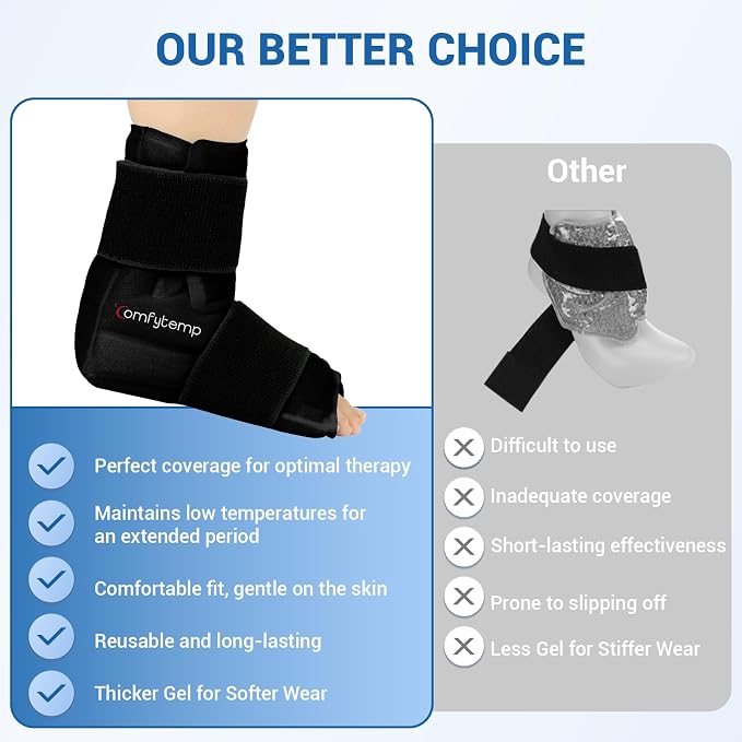 Comfytemp Ankle Foot Ice Pack Wrap for Plantar Fasciitis Relief, Feet Pain | FSA Eligible HSA, Ankles Brace Heel Wrap, Hot Cold Compress Gel Ice Bag for Injury Reusable, Achilles Tendonitis, 1pc, Black