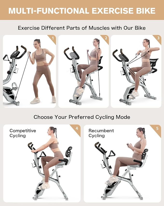pooboo Folding Exercise Bike, Foldable Upright Stationary Bike, Indoor Cycling Magnetic X-Bike with 8-Level Adjustable Resistance, 6.6 LBS Flywheel, 300LB Capacity, Back Support Cushion for Home Gym