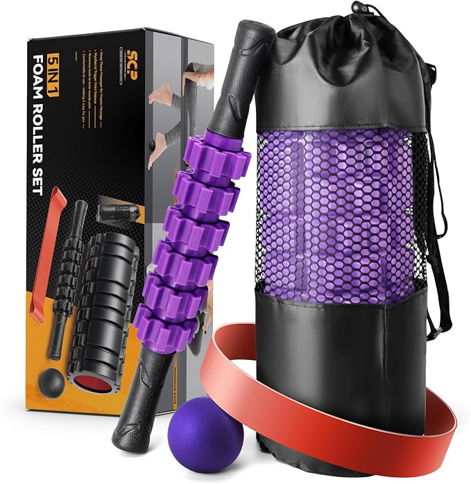 SUBCULTUREPICK 5 in 1 Foam Roller Set for Deep Tissue Muscle Massage | High Density Trigger Point Fitness Patented Exercise Roller, Muscle Stick, Massage Ball, Stretching Strap, for Whole Body