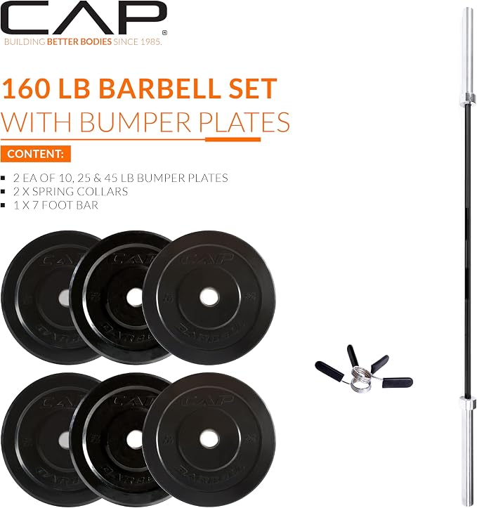 CAP Barbell Olympic Weight Set with 7ft Barbell & Bumper Plates | 160-370 lbs | Multiple Options