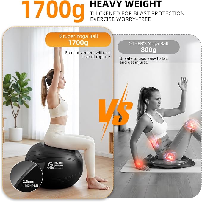 Gruper Yoga Ball, Extra Thick Non Slip Exercise Ball for Workout, Yoga, Pregnancy, 4 Sizes Anti Burst Chair for Home and Office, Includes Foot Pump & Fitness Guide