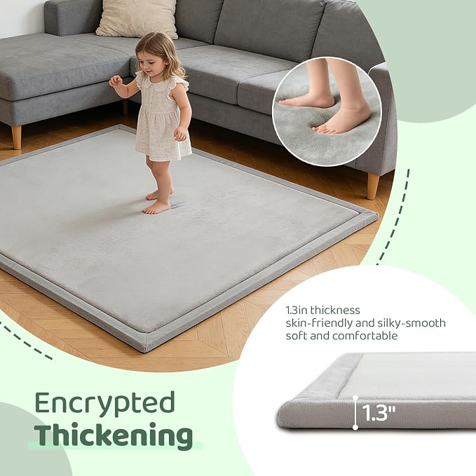 Baby Play Mat for Floor, 74'' x 50'' Thicken Foam Soft Padded Playmat for Tummy Time, Playpen Mat for Toddlers Infant Kids, Water-Repellent Coral Velvet, Non-Slip Bottom Safe for Crawling (Light Grey)