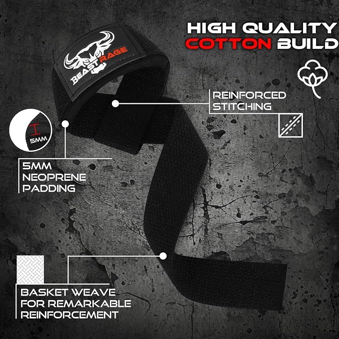 BEAST RAGE Lifting Wrist Straps for Weightlifting, Straps Gym Grip Power Workouts Lifting Straps Padded Neoprene & Premium Cotton Men Women, Deadlift Bodybuilding Exercise Lifting Straps