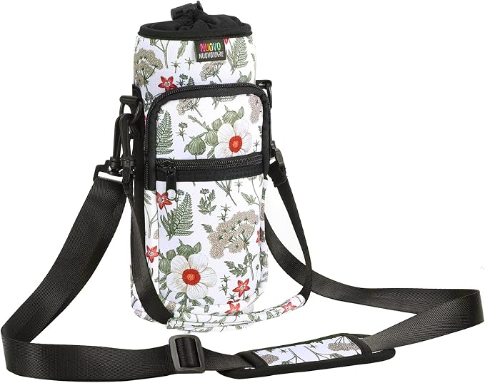 Nuovoware Water Bottle Carrier Bag, 25oz/32oz Bottle Pouch Holder, Adjustable Shoulder Hand Strap 2 Pocket Sling Neoprene Sleeve Sports Water Bottle Accessories for Gym Hiking Travel, Hibiscus White