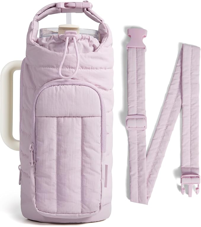 BAGSMART 40oz Water Bottle Holder with Strap, Quilted Gym Accessories | Magnetic or Classic Design, Lightweiht Tumbler Drink Carrier, Quilted Crossbody Purse