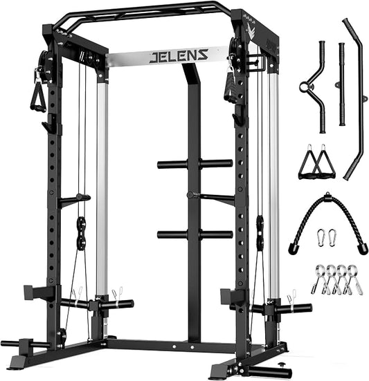 JELENS C21 Power Cage, 2000LBS Multi-Function Power Rack with Independent Dual Pulley System, All-in-One Squat Rack for Cable Crossover, Home Gym Workout Machine
