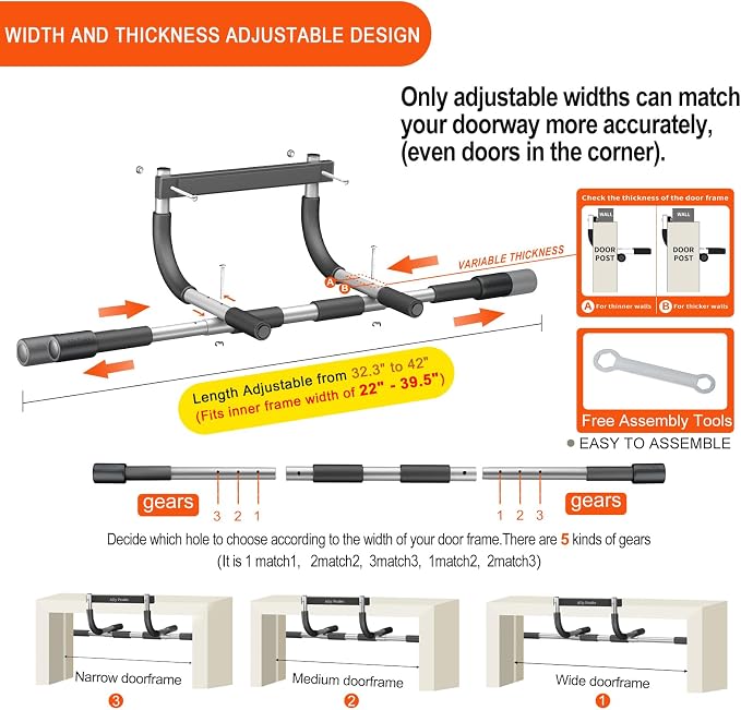 Ally Peaks Pull Up Bar for Doorway,Multiple Levels Width Adjustable Pull Up Bar Accurately Match Wide and Narrow doorframe,Indoor Chin-Up Bar Workout Bar,USA Original Patent