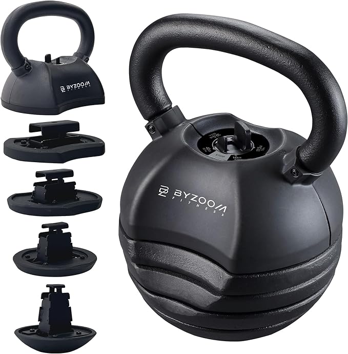 BYZOOM FITNESS Pure Series Adjustable Kettlebell 30/40/50LB - 5-IN-1 Weight Change, Patented Quick-Change Machenism, Ergonomic Curved Handle for Home Gym, Strength Training, HIIT, White OR Black