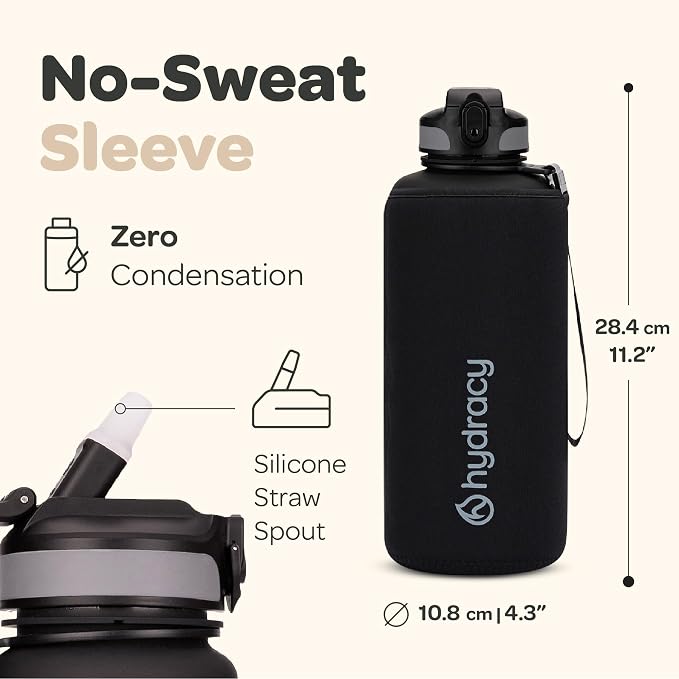 Hydracy 2L Large Water Bottle, Shatterproof, BPA Free Tritan Plastic, Leakproof, Zero Condensation, With Detachable Carry Strap, Spillproof Lid, Convenient Silicon Spout, Ideal for Gym, Yoga | Leakproof,BPA Free,No Sweat Neoprene Sleeve,Carry Strap,Dai...