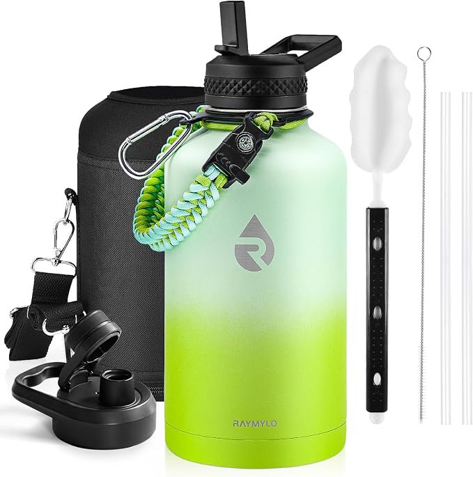 RAYMYLO Insulated Water Bottle 64 oz, Triple Wall Vacuum Stainless Steel | (Cold for 48 Hrs), Leak Proof & Non-BPA, Half Gallon Water Flask Jug with Paracord Handle & Straw Spout Lids