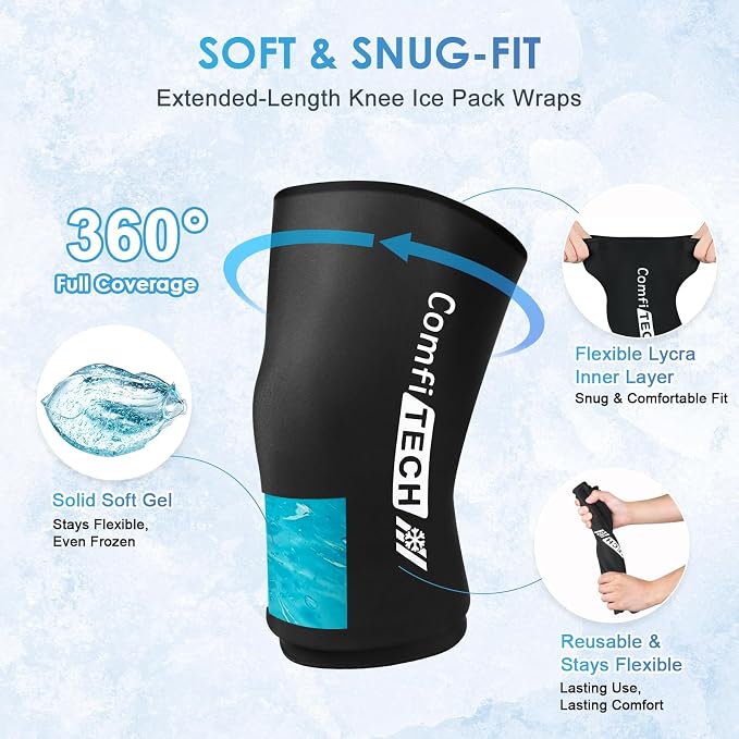 ComfiTECH Knee Ice Pack Wraps for Elbow & Calf, Gel Cold Compression, L, 2P | Flexible Ice Knee Brace for Elbow & Calf, Reusable Gel Cold Compression Sleeve for Soothing Meniscus Tear & ACL Discomfort