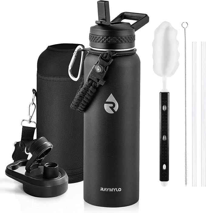 RAYMYLO Insulated Water Bottle 40 oz, Triple Wall Vacuum Stainless Steel | (Cold for 36Hrs, Hot for 18Hrs), Leak Proof & Non-BPA, Modern Water Flask Jug with Paracord Handle & Straw Spout Lids