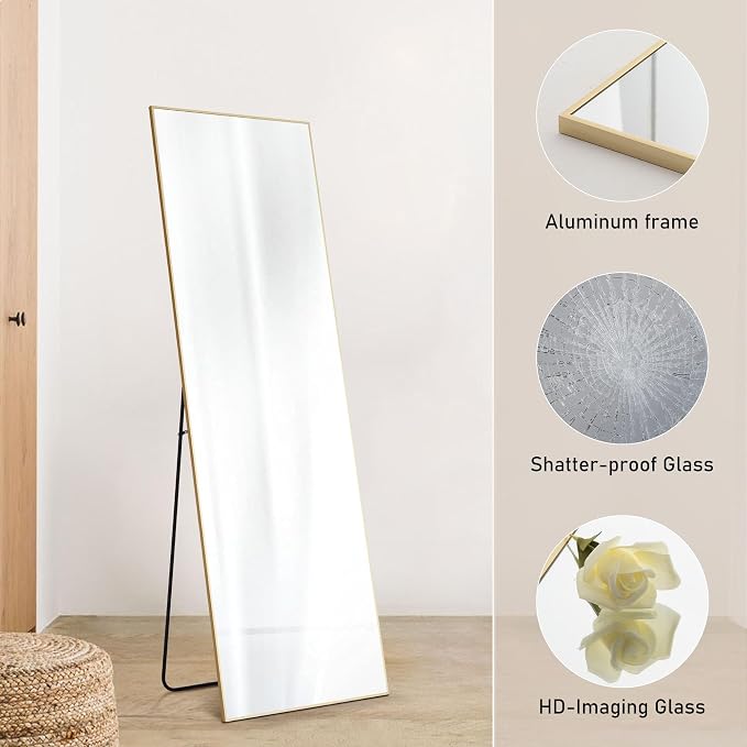 OLIXIS Full Length Mirror for Bedroom, Full Body Mirror with Stand | 68"x26" Hanging or Leaning for Wall, Aluminum Alloy Thin Frame Floor Standing for Living Room, Long, Gold
