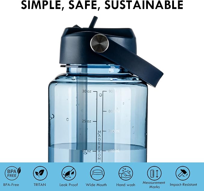 OLDLEY 32oz Water Bottle with Straw,Leakproof Tritan Clear Bottle with Marked Bottle and Carry Handle, BPA-Free Wide Mouth Reusable Sports Bottle for Gym,Hiking,Camping,Travel,Workout,Deep Navy