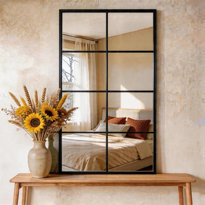 DUMOS Wall Mirror 16" x 32", Rectangle Window Pane Decorative Mirrors, Metal Framed Black Rectangle Wall Mounted Mirror for Bathroom, Bedroom, Entryway, 1 Pack