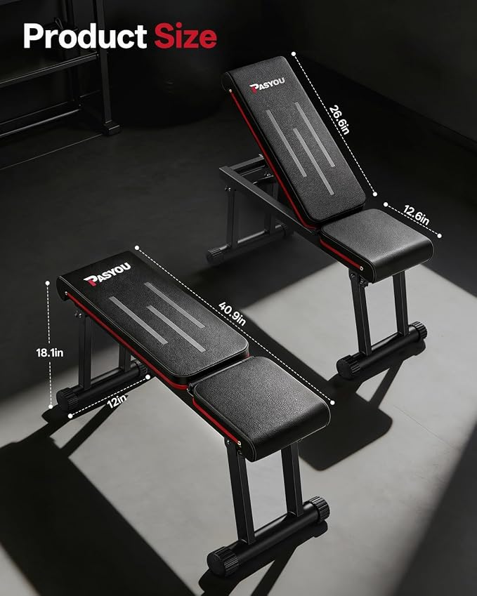 PASYOU Adjustable Weight Bench, 660LB Capacity Foldable Workout Bench, Incline Flat Bench Press for Home Gym, Dual-Frame Strength Training Bench, No Assembly Required, Wider Seat