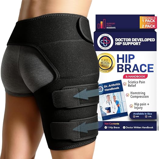 Dr. Arthritis Hip Brace, Adjustable Sciatic Nerve Brace & Stabilizer for Pulled Muscles & Injury Recovery, Hamstring Compression Sleeve Support, Sciatica Pain Relief Devices for Men & Women (BLK, S/M)