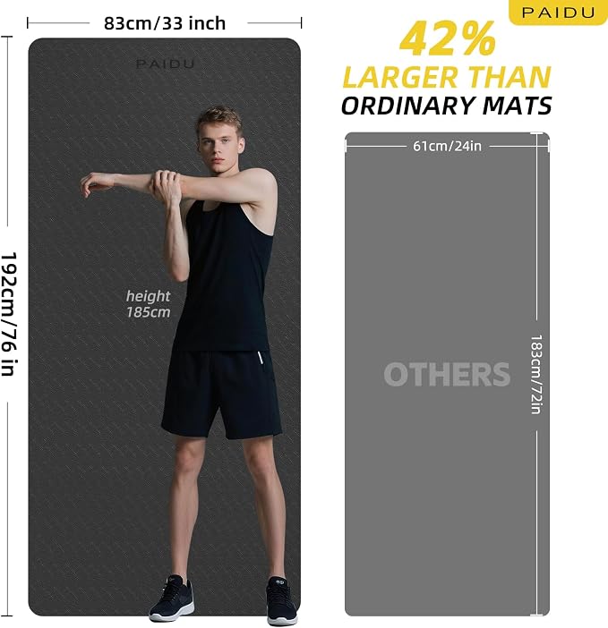 PAIDU Extra Long Wide Yoga Mat, （10mm） Thick Non-Slip Exercise Mat 76"x33" | large mat, ideal for yoga, Pilates & home gym, with non-slip grip & cushioning for all exercises.