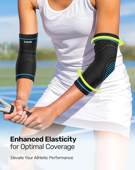 Rakiie Elbow Compression Sleeve 2 Pack, High Elastic Elbow Brace for Tendonitis and Tennis Elbow for Women & Men, Elbow Sleeve for Tennis, Golfer, Badminton, Weightlifting, Blue XL