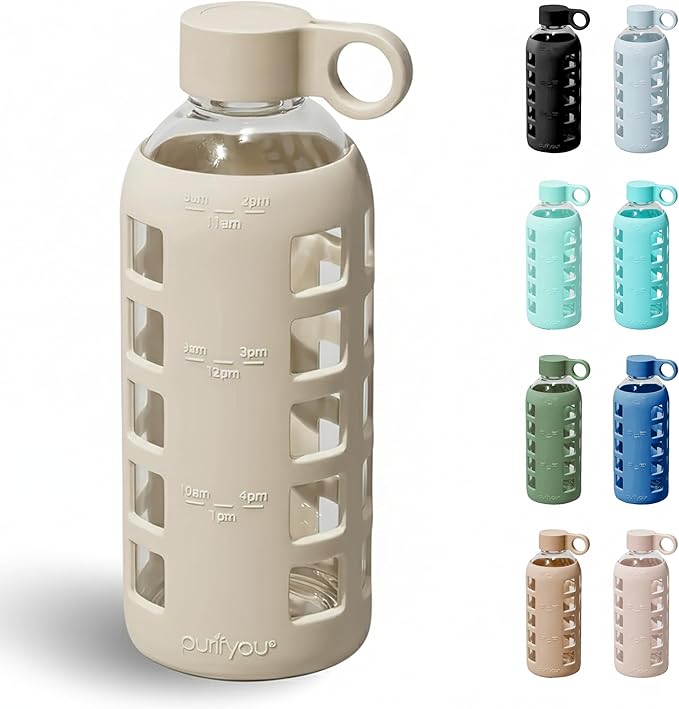 purifyou 40oz / 32oz / 22oz / 12oz Borosilicate Glass Water Bottle with Time & Volume Markers, Silicone Sleeve, Stainless Steel Lid | Reusable Glass Bottle for Water & Juice (22oz Pearled Ivory)