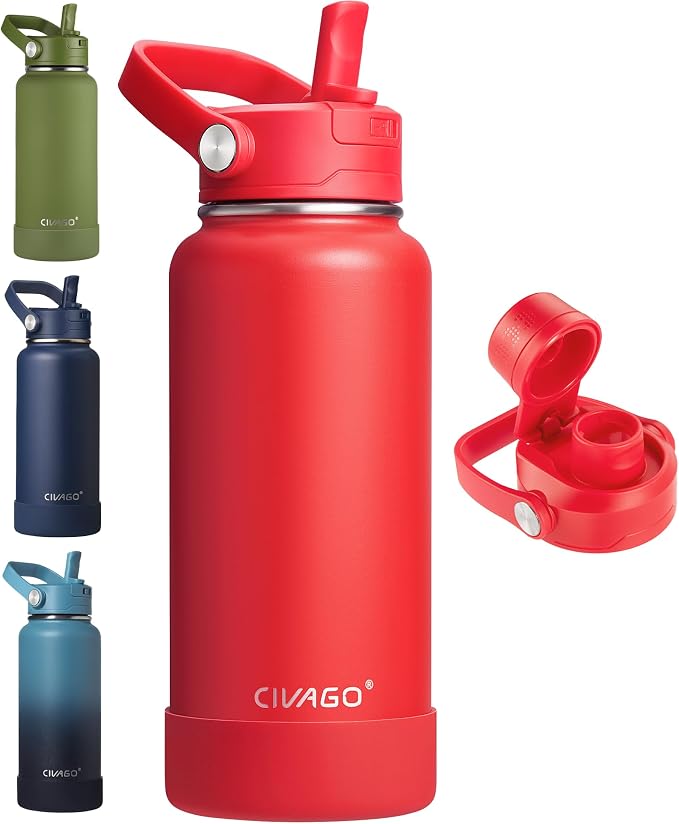 CIVAGO 32 oz Insulated Stainless Steel Water Bottle with Removable Straw | Large Leakproof Metal Water Jug, Sports Thermal Flask Cup with Bucket Handle, Silicone Boot, Dishwasher Safe, BPA-Free, Red