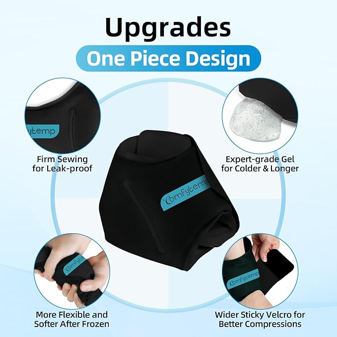 Comfytemp Ankle Ice Pack Wrap for Sprained Ankles, Plantar Fasciitis, 2pcs | FSA Eligible HSA, Foot Pain Relief, Reusable Gel Ice Hot Cold Compress Brace for Achilles Tendonitis, Injury, Swelling, Black