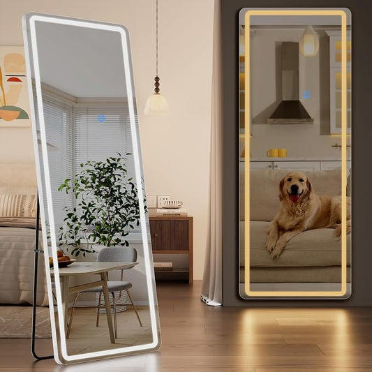 Koonmi Full Length Mirror with LED Lights, 65"x26" Lighted Mirror with Dimming & 3 Color Lighting, Big Mirror for Bedroom, Dressing Room, Rectangle,White