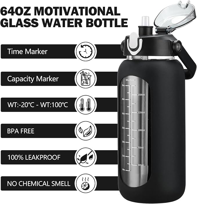 64oz Glass Water Bottles with Straw, Half Gallon Motivational Glass Bottle with Silicone Sleeve and Time Marker, 2L Leakproof Large Glass Water Jug for Gym Home Office,Black