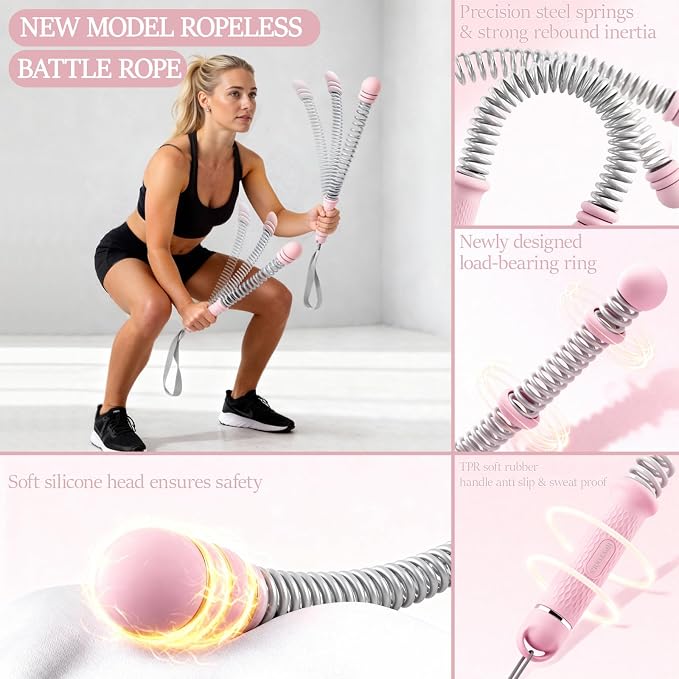 Ropeless Battle Ropes for Exercise Workout Rope, Portable Workout for Home Gym, Exercise Battle Ropes for HIIT Workouts, Low-Impact Cardio Training (Pink with Ring)