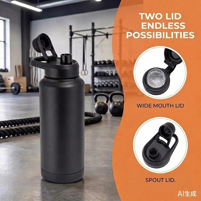 32 oz Metal Stainless Steel Insulated Water Bottle | Sports Black Water Bottle Leak Proof with Spout Lid & Handle Lids,Keep Cold for 24 Hrs Hot for 12 Hrs,For Gym,Men,