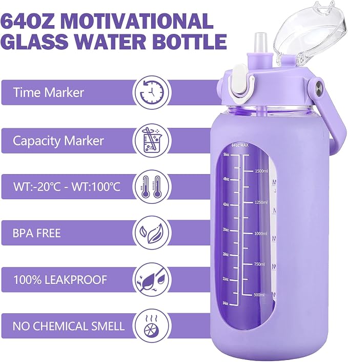 64oz Glass Water Bottles with Straw, Half Gallon Motivational Glass Bottle with Silicone Sleeve and Time Marker, 2L Leakproof Large Glass Water Jug for Gym Home Office, Purple