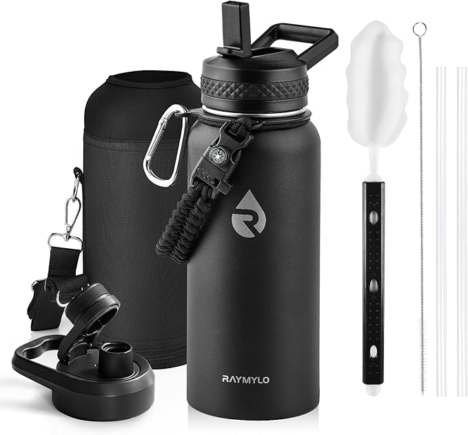 RAYMYLO Insulated Water Bottle 32 oz, Triple Wall Vacuum Stainless Steel | (Cold for 24Hrs, Hot for 12Hrs), Leak Proof & Non-BPA, Modern Water Flask Jug with Paracord Handle & Straw Spout Lids