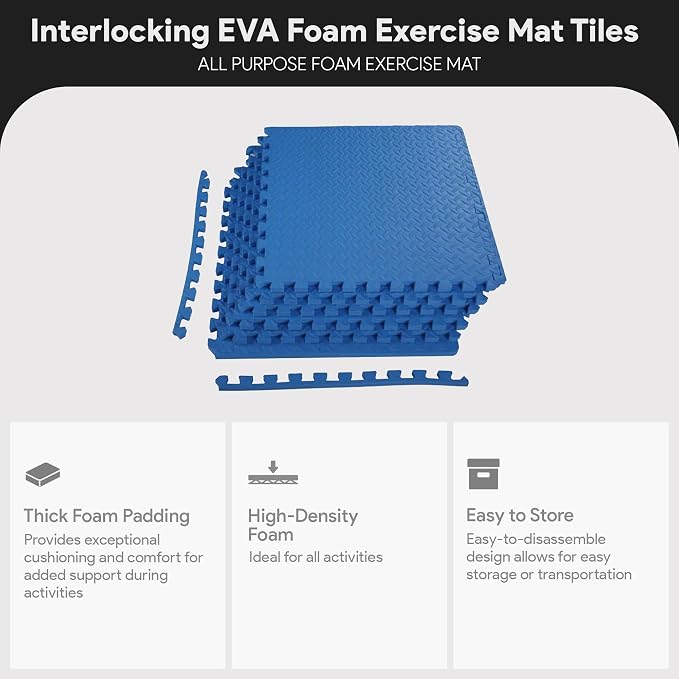 BalanceFrom Puzzle Exercise Mat with EVA Foam Interlocking Tiles (Blue) | Tiles for Home Gym, Mat for Home Workout Equipment, Floor Padding for Kids, Blue, 24 in x 24 in x 3/4 in, 24 Sq Ft - 6 Tiles