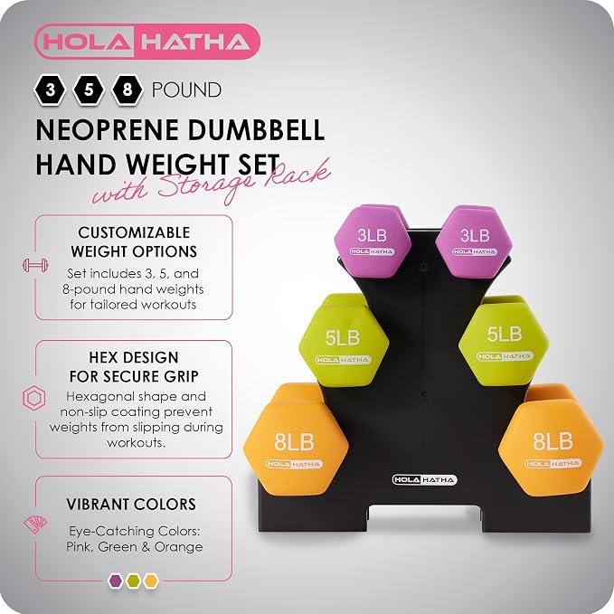 HolaHatha 1, 2 and 3 lb Neoprene Dumbbell Strength Training Weight Set with Rack