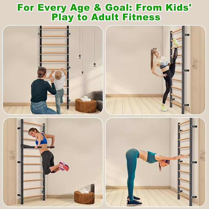 Kipika Gymnastic Wood Stall Bar, 2"x2" Swedish Ladder with 1" Hole | Wall Mounted Pull-up Bar Ladder Suspension Trainer, Solid Wood Grips Gymnastics Training Bar for Home, Wall Gym, School