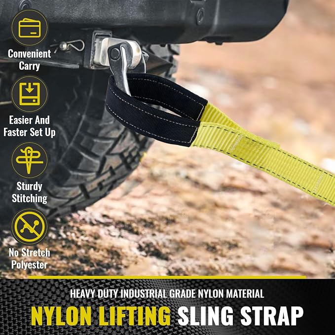 15' x 2" Heavy Duty Rigging Lifting Straps, Nylon Webbing Tow Sling, 2-Pack | 22500 lbs capacity flat eye webbing slings. Ideal for winch hoisting, furniture moving, and tree saver recovery