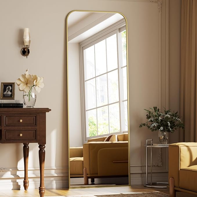 Full Length Mirror 64"x21" Arched Floor Standing Large Mirrors | Full Body Mirror with Stand - with Aluminum Frame for Bedroom Living Room, Gold