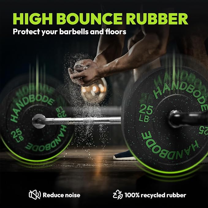HANDBODE 2-Inch High-Bounce Bumper Plates, Olympic Weight Set, 10-650 lb | Barbell Weight Plates Set for Home Gym, Colored Weights Rubber Strength Training Plate for Weight Lifting