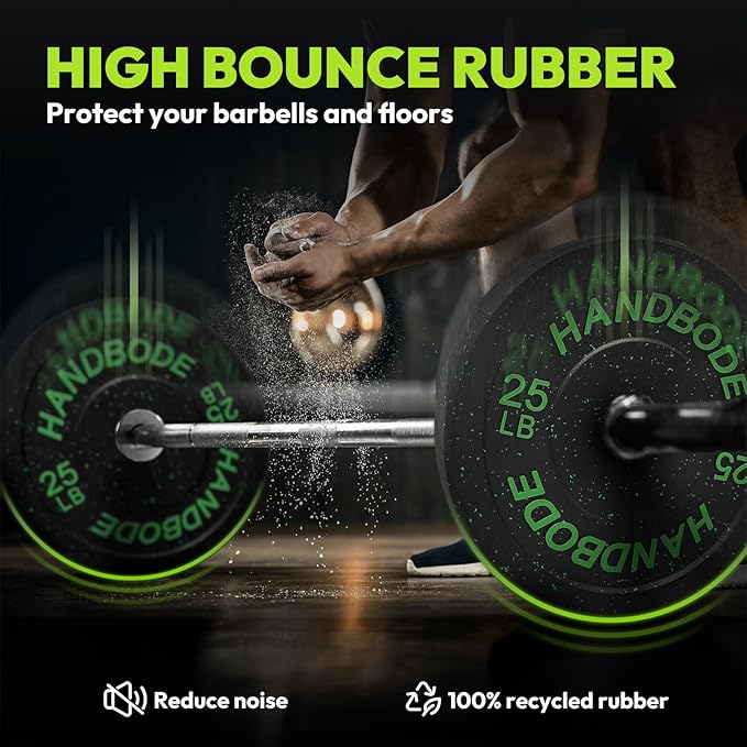HANDBODE 2-Inch High-Bounce Bumper Plates, Olympic Weight Set, 10-650 lb | Barbell Weight Plates Set for Home Gym, Colored Weights Rubber Strength Training Plate for Weight Lifting